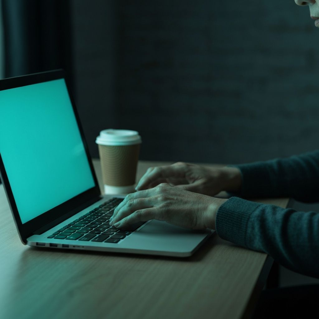 Person reaching out at a laptop