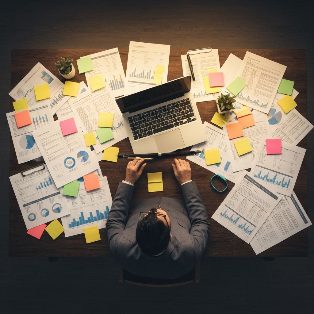 Overwhelmed business owner's desk with papers and tasks